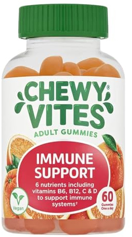 Chewy Vites Adult Immune Support Gummies, High Strength Vitamin D, 60 Count | Vitamin C, B6, B12, Zinc & Selenium, Immune System Boots, Real Fruit Juice, Vegan, Orange Flavour, 2 Months Supply
