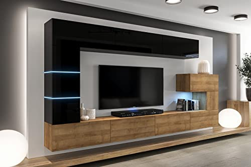 Furnitech Wohnwand Wohnzimmer - Möbel mit LED RGB - 16 Farben - Hängend Wohnwand Modern - Schrankwand mit Regale und TV Schrank (AN89NEW-21BDZ-HGM24)