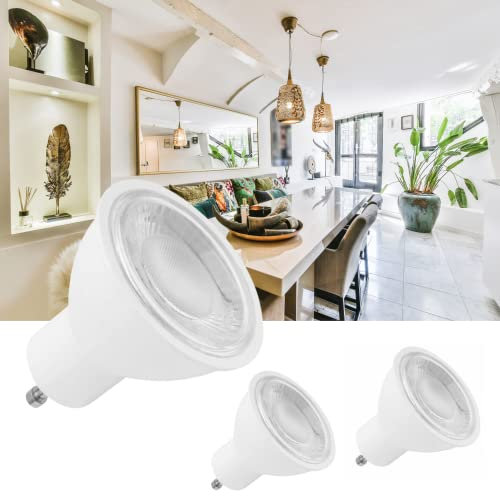 Bombilla Luz Led Gu10 5W, Fuente de 400 Lúmenes, Luz Blanca Cálida, Equivalente a 35W-40W Halógena. Ángulo de Haz 120º, Pack de 3 Bombillas Regulables