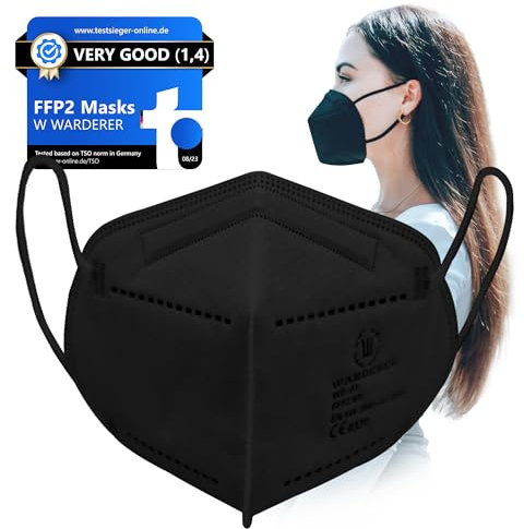 WARDERER Lot de 15 masques FFP2 noirs | Masque de protection respiratoire 99,5% d'efficacité de filtration | Masque anti-poussière à 5 couches | Masque de protection buccal respirant et doux pour la