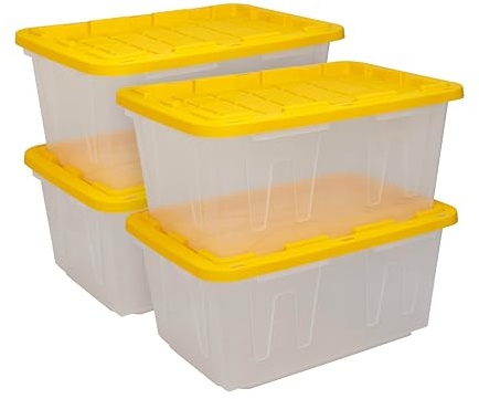 CX BLACK & YELLOW 27-Gallon Heavy Duty Clear Storage Bins with Lids, Stackable Plastic Storage Bins with Weather-Resistant Design, Home Organization, 4 Pack (14.3H x 20.6W x 30.6D)