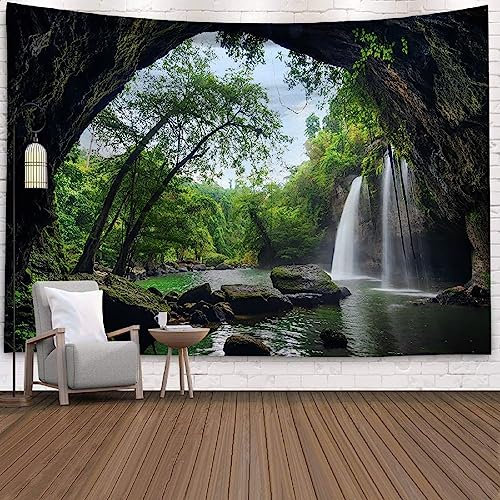 Wycian Wandteppich Höhle, Wandbehang Urwald Wandtuch Zen Wandteppich Dschungel Wandteppich Natur Landschaft Wandtuch Baum Tapisserie Grün Tapestry 200X200cm