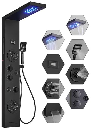 Bathfinesse Shower Panel LED Rainfall Waterfall Shower Head Light Bathroom Shower Panel Tower System Rain Massage 6-Functions with Handheld Shower Tub Spout Body Jet Temperature Display Wall Mount