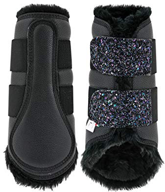 PIONEER Pferdegamaschen aus Leder und natürlicher Wolle - Memory Foam Polsterung - Schwarz mit borealem Glitter - Hochwertiger Pferdeschutz - Vordere Sets - Verschluss mit 2 Klettstreifen - S