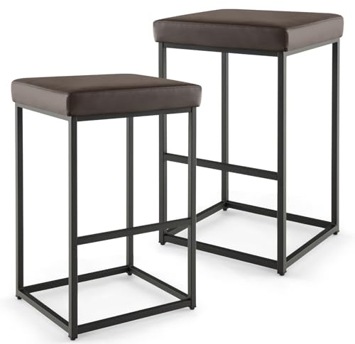 GiantexUK Bar Stools Set of 2, Upholstered PU Leather Kitchen Barstools with Footrest & Adjustable Foot Pads, Metal Frame Backless Breakfast Bar Chairs for Dining Living Room Lounge (Brown)