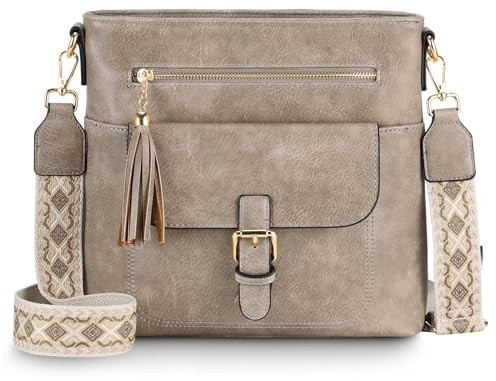 Kasgo Bolsos Bandolera Mujer, Bolso Bandolera Mediano de Cuero PU Bolso Cruzado de Moda Bolso Hombro Retro con 2 Correas Ajustable para Diario Trabajo Viaje Compras, Caqui