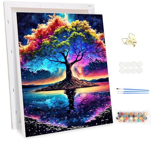 MEIYUDA Pintar por Numeros Adultos con Marco Colorido Árbol de la Vida, DIY Pintura por Numeros Kit Manualidades, Cuadros por Numeros Pigmento Acrílico Decoración para el Hogar Regalo de pared 30x40cm