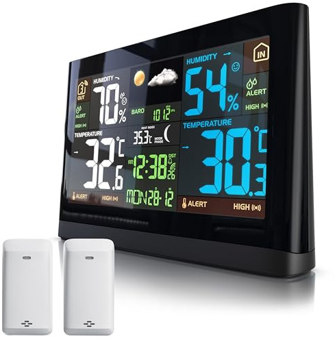 Brandson - Wetterstation Funk mit 2 x Außensensor (2 Zonen) - DCF Empfangssignal Funkuhr - Innen- und Außentemperatur - relativer Luftdruck - Barometer - Temperaturtrend – Lichtsensor - LCD-Display