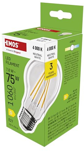 EMOS LED-lampa Edison A60, 7,8 W ersättning för 70 W glödlampa, vintage glödlampa med E27-sockel och ljusstyrka 1060 lm, neutral vit 4000 K, 25 000 timmars livslängd, CRI > 80, 360° strålvinkel