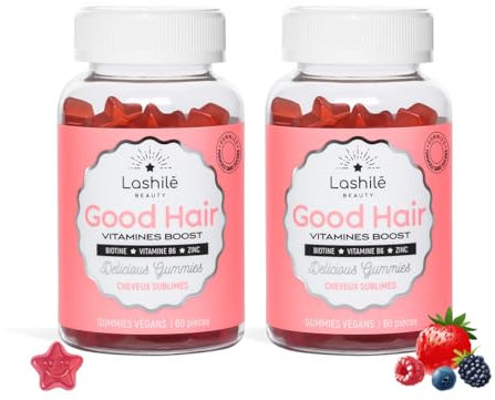 Lashilé Beauty - Complément Alimentaire - Pousse accélèrée, Croissance & Fortification des cheveux - Good Hair Vitamines - Made in France - Biotine, Zinc Vitamine B8, C, B6 - Cure 2 Mois 120 Gummies