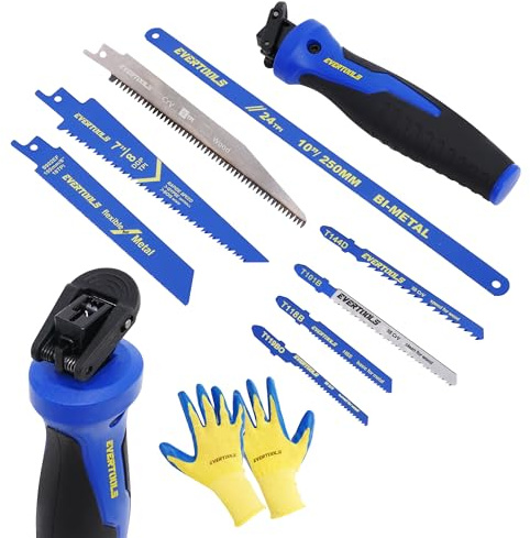 EVERTOOLS 8-in-1 Multi-Blade Hand Saw, Small Hacksaw, Long Handsaws, Jab Saw, Mini Blade Quick-Change Mechanism for Cutting Drywall, Sheetrock, Wood, Metal, Plastic and Plywood.