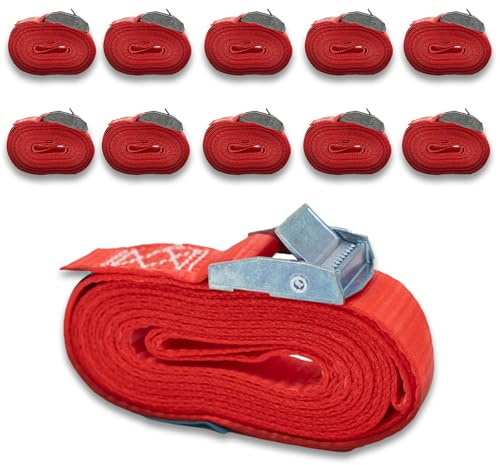 10er Set Spanngurt mit Gurtklemme,einteilig, DoZurr 250, belastbar bis 250 kg, 25 mm breit x 4 m lang, rot, für Dachträger und Umreifungen