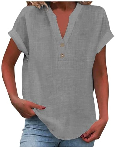 KOG Damen Tshirt Lose Leinen Kleidung Retro Kurzarm T-Shirt Teenager Mädchen Tshirts Freizeit Leinenshirt Oberteile Frauen Rundhals Basic Grau M