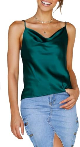 Famulily Womens Dressy Basic Solid Spaghetti Strap Top Sleeveless Cowl Neck Summer Silk Tank T-Shirt Green M