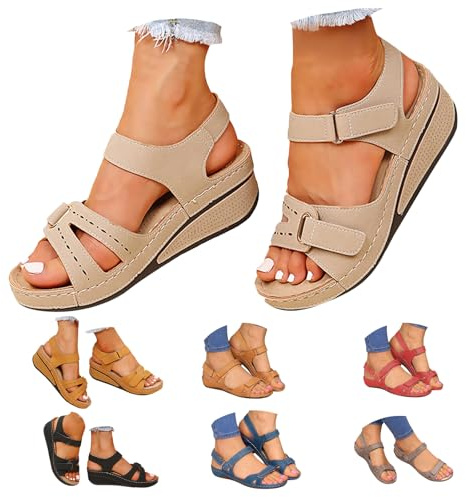 Shoes for Women UK, Wedge Sandals for Women Orthopedic Shoes for Women Comfort Open Toe Ankle Strap Sandal Trendy Summer Wide Fit Cushion Walk Leather Ladies Shoes with Arch Support Size 6