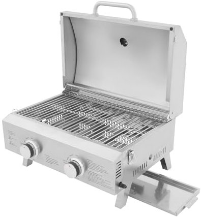 Barbecue à gaz, barbecue à gaz, rôtissoire à saucisses, barbecue de table avec 2 brûleurs – Grille de cuisson en acier inoxydable de 55 x 45 cm, pliable et portable, avec pierre à pizza et régulateur