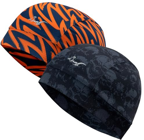 OTTERSHELL Paquete individual y 2 gorras de malla transpirable, forro ligero de secado rápido para casco deportivo para hombres y mujeres, gorros de ciclismo refrescantes, Azul - Calavera + fuego