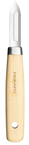 Fiskars Folken Éplucheur à Lame Fixe, Éplucheur pour Fruits et Légumes, Lame en Acier de Haute Qualité, Manche en Bois d'Érable Certifié FSC, 1075683