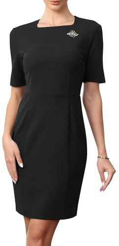 Allegra K Women Vintage Work Dress Short Sleeve Square Neck Sheath Dresses | Elegant Dress with Brooch, Above the Knee, Business Casual Funeral Church Wedding Guest Outfits