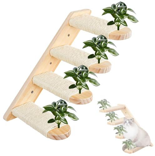OPDUO Wall Mounted Cat Climbing Shelf with Sisal Stairs | Reversible 4-Step Cat Wall Furniture for Indoor Cats | Space Saving & Furniture Protection | Nature Leaf Decor (40 x 22 cm)