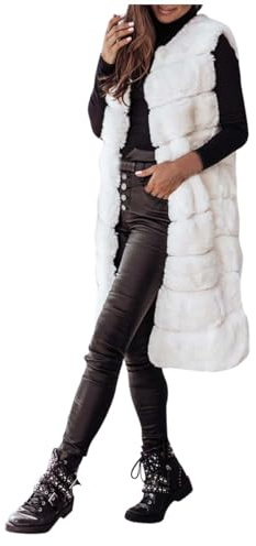 Generisch Gilet lungo da donna, in pelliccia sintetica, morbido, elegante, senza maniche, in tinta unita, con chiusura lampo, O bianco., XL