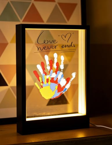 Set di impronte a mano per famiglie con lampada da notte a LED e per tutta la famiglia con 4 pannelli CV, set di impronte digitali per coppie, colori atossici, telaio in legno per il fai da te (nero)