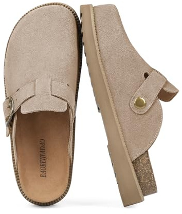baobeijiadao Genuine Suede Clogs for Women Platform Arch Support Soft Cork Footbed Leather Mules Womens Slip On Casual Shoes Sandals Taupe