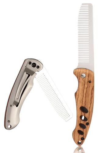 1 Pezzi pettine barba uomo pieghevole in legno e acciaio inox, accessorio da viaggio per barba baffi, modello tascabile per capelli e cura quotidiana maschile, design portatile per uso casa e viaggio