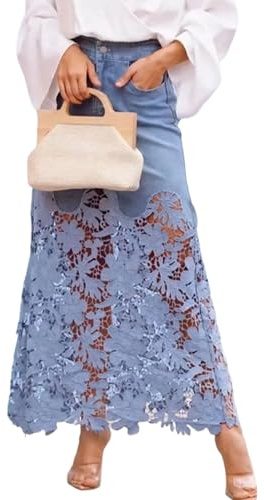 Goolecrimp Falda Midi de Mujer a la Moda con Encaje y Patchwork, Falda Larga de Mezclilla Estampada de Cintura Alta Estilo Bohemio, Conjunto de Fiesta con Bolsillos