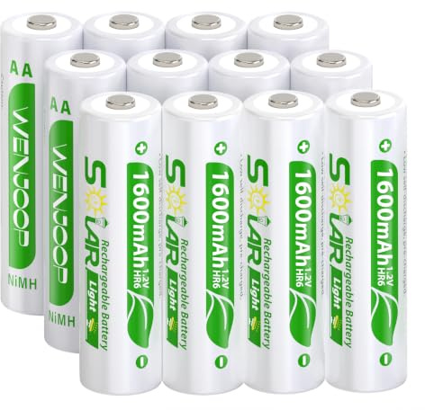 12 Pack AA Rechargeable Batteries for Solar Lights | 1600mAh 1.2V NiMH | Precharged | Low Self-Discharge | Reusable for Garden, Pathway, Patio, Deck, Fence & String Lights