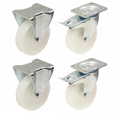 100mm 4 inch nylon castors heavy duty fixed & braked castors set 150kg each - set of 4