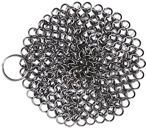 Mythrojan Nettoyeur de Fonte 4,5 Pouces - Tampon en Maille Ronde en Acier Inoxydable pour Poêle en Fonte, Poêle, Wok, Casserole, Poêle Pré-assaisonnée, Faitouts, Gaufriers, Grattoir