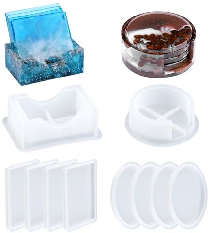 EPODA Untersetzerform Epoxidharz Formen mit Halter, 8 Stück Silikonform Untersetzer Epoxidharz, DIY Untersetzer Silikon Formen Gießformen (Rund Quadrat)