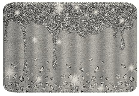 Silber Glitzer rutschfest Badematte 40x60cm (kein Glitzer) Bling Dekorationen grau Zottelig saugfähige Badteppiche für Diamanten und Schmuck Mikrofaser teppich Badezimmer Badvorleger Raumdeko