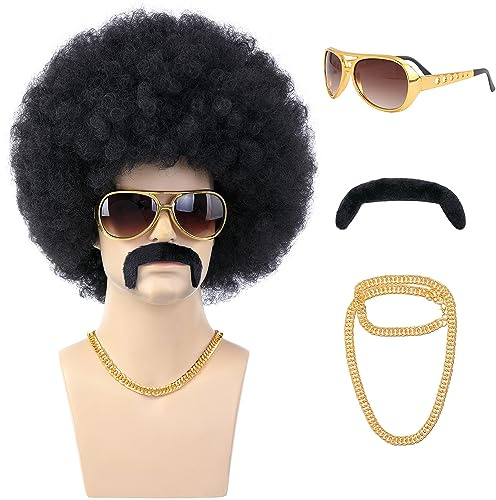 morvally 70s Black Afro Wig for Men with Glasses Chain and Mustache Mens Short Black Curly Disco Costume Wigs 70's 80s Hippie Rocker Funny Cosplay Wigs for Halloween Party