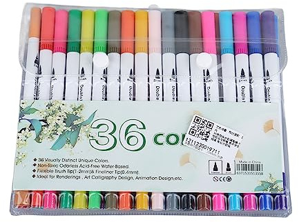 Airshi Stylo Marqueur à Double Brosse, Professionnel Sûr 36 Couleurs Capuchon de Stylo Marqueurs Flexibles à Double extrémité avec Pointes de Brosse en Fibre pour Caricature