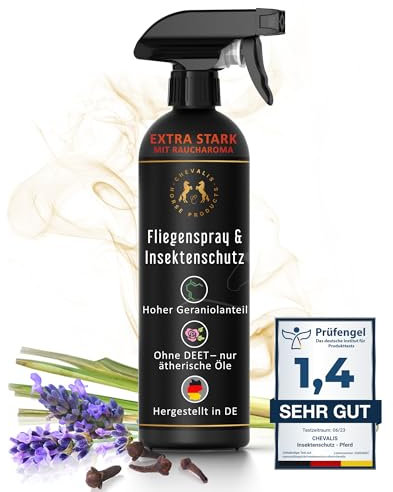 CHEVALIS Fliegenspray & Insektenschutz Pferd, 500ml mit Raucharoma, EXTRA STARK, Sofortiger Schutz gegen Bremsen, Fliegen, Kriebelmücken, Zecken, Mit ätherischen Ölen und Geraniol