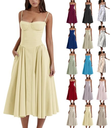 midelxp Vestido de corsé para mujer elegante con tirantes espagueti bustier vestido midi de escote bajo con dobladillo plisado fluido, vestidos formales con bolsillos, S
