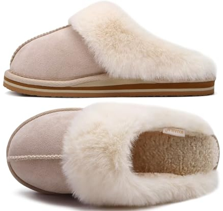 KuaiLu Chausson Femme Hiver Peluche Fourrure Chaud Pantoufles Fausse Fourrure Doublure Charentaise Confort Voute Plantaire Memory Foam Slippers Antidérapant Semelle Sans talon Beige 39