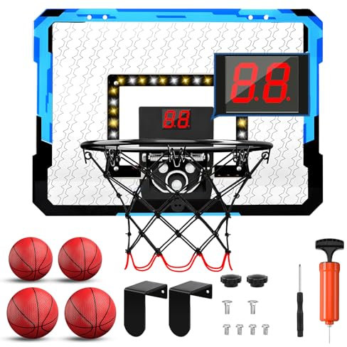 ZWOOS Basketballkorb Indoor Set für Kinder, Mini Basketballkorb Mit 4 Ball, 39x28cm, Pumpe & Befestigungszubehör, Basketball Indoor mit Sound-Effekte und Beleuchtung