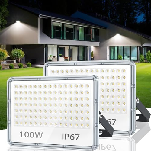 TASINUO Faretto LED da Esterno 100W, 2 Pezzi 10000LM Faro LED Esterno 6500K Bianca Fredda, Applique da Esterno Impermeabile IP67 Luci da Esterno per Giardino Terrazza Garage Cortile