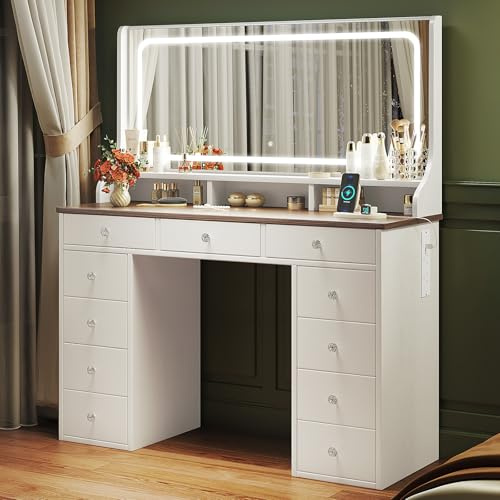 Dripex Dressing Table Vanity Desk with Mirror and Drawers Vanity Table Makeup Desk Shelves Storage Adjustable Brightness Makeup Table Cosmetic Bedroom Dresser Furniture (Beige 11 Drawers, L)