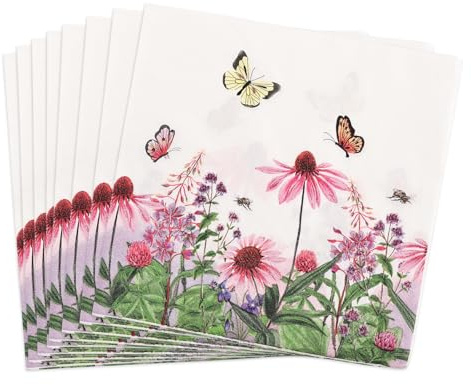 【40 stycken】Pappersservetter 33 x 33 cm med vårblommor och fjärilar – färgglada blommönster, servetter av naturlig trägröt, miljövänlig växtfärg för bordsdekoration/barnfödelsedag