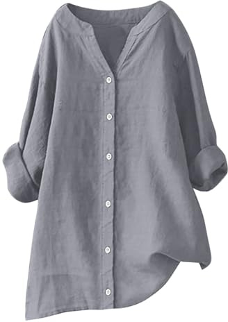 HAOLEI Camicia Donna Lino Manica Lunga Camicie Elegante con Bottoni Cotone Camicia da Lavoro Casual Tinta Unita Blusa Shirt Oversize Tops Curvy Camicetta da Spiaggia Estiva Donna Abbigliamento Saldi