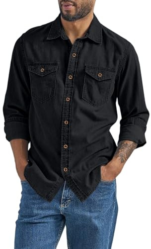 Chemise à manches longues en jean pour homme - Chemise de cowboy - Chemise de loisirs - Chemise de travail - Coupe droite - Vintage - Printemps été - Décontractée - Chemise de travail légère, Noir , L