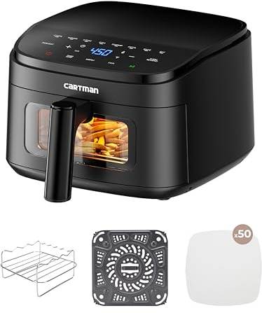 Cartman 3,8L Kompakte Heißluftfritteuse Klein, Ultra-Flache Höhe von 17cm, Einstellbarer Luftstrom, Sichtfenster, Bis 230°C, 7 Touch-Presets, Tragbare Heißluftfritteuse, Schwarz