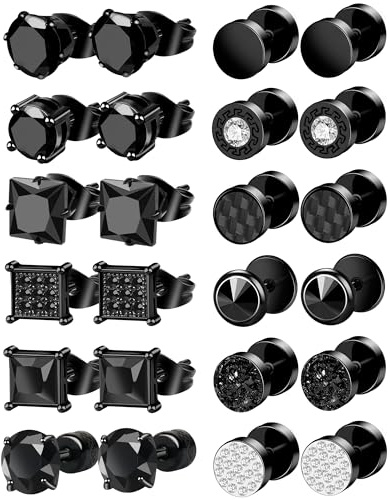 ONESING 12 Pairs Black Earrings for Men Stainless Steel Mens Earrings Stud Hypoallergenic Square Cubic Zirconia Stud Earrings Set for Multiple Piercing