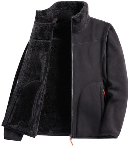 Damen Outdoor-Fleecejacke für Damen, durchgehender Reißverschluss, Stehkragen, Plüschfutter, warme Jacken, Oberbekleidung mit Reißverschlusstaschen, Schwarz , 4XL