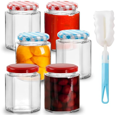 CHUNGG Glass Jam Jars with Lids, Small Mason Jars for Pickling and Preserving Food, Equipped with a Sponge Brush, Airtight Hexagonal use for Kitchen 300ml Clear Container (6 Set)