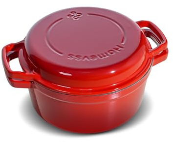 HomeVSS 5-Quart Enameled Cast Iron Double Dutch Oven with Lid & Dual Handles – 2-in-1 Cookware for Bread Baking, Braising, Stews, Roasting, Doubles as Casserole Dish & Stovetop Grill Pan, Red